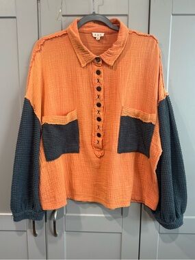 POL Orange and Charcoal Two-Tone Pullover